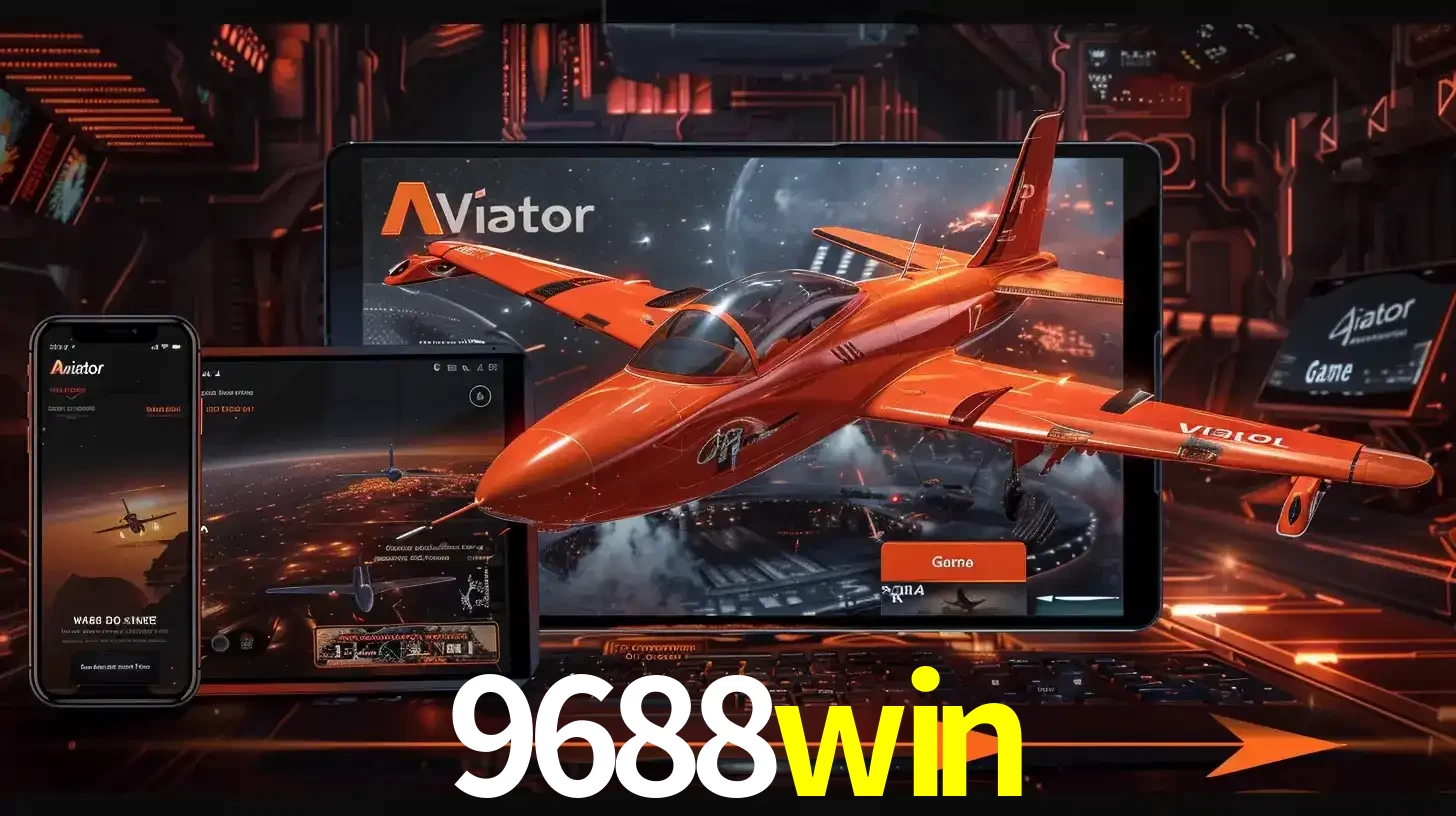 Apresentação tecnológica do jogo Aviator com um avião saindo da tela de um tablet, demonstrando a experiência imersiva em múltiplos dispositivos no 9688win.