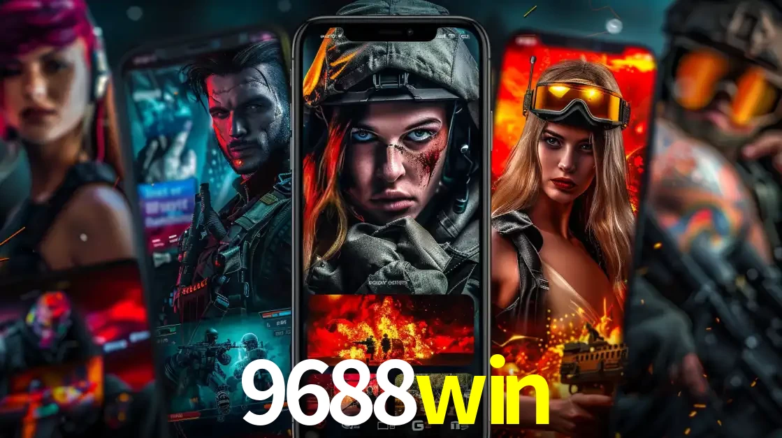 Montagem de telas de celular mostrando diversos personagens, masculinos e femininos, de um jogo de tiro, ilustrando a diversidade de equipes de e-sports para apostar no 9688win.