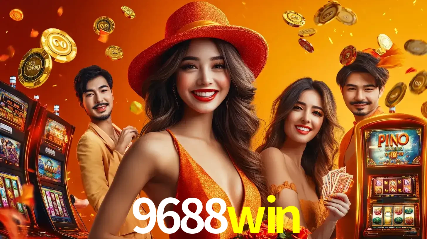 Grupo de amigos asiáticos sorrindo e se divertindo com máquinas de caça-níqueis em um ambiente festivo, celebrando suas vitórias nos jogos de cassino do 9688win.