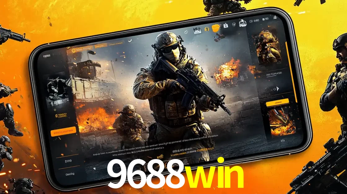 Um smartphone exibindo a interface de um jogo de tiro em primeira pessoa, com um soldado em um cenário de batalha, representando a ação dos e-sports para apostar no 9688win.