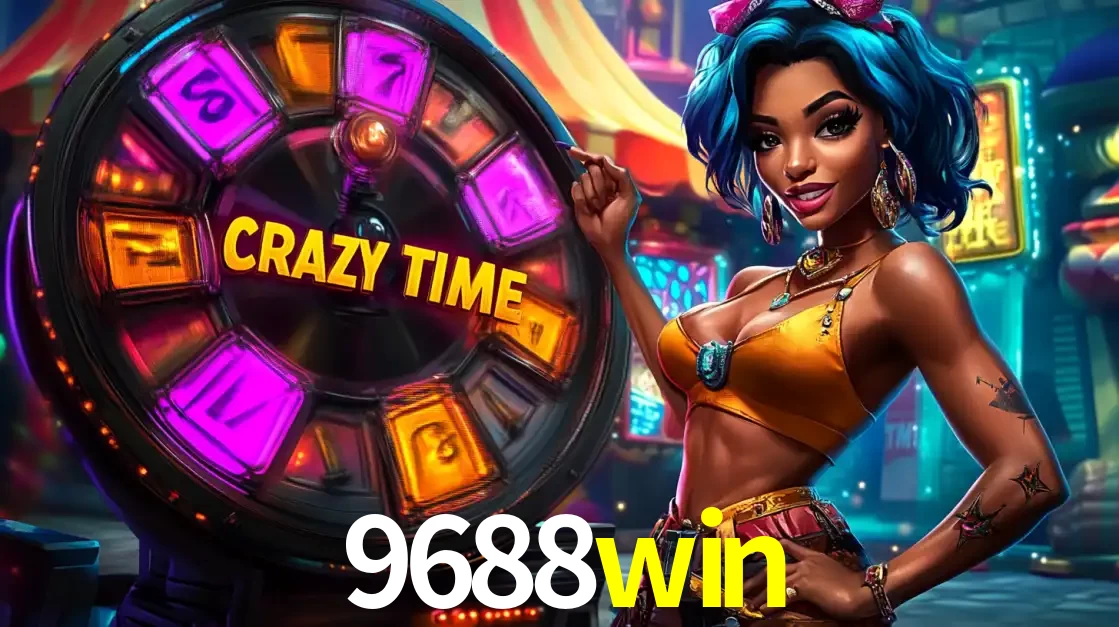 Mulher estilizada com cabelo azul e visual vibrante posando ao lado da roda de prêmios do game show Crazy Time, convidando para a diversão e os bônus do cassino 9688win.