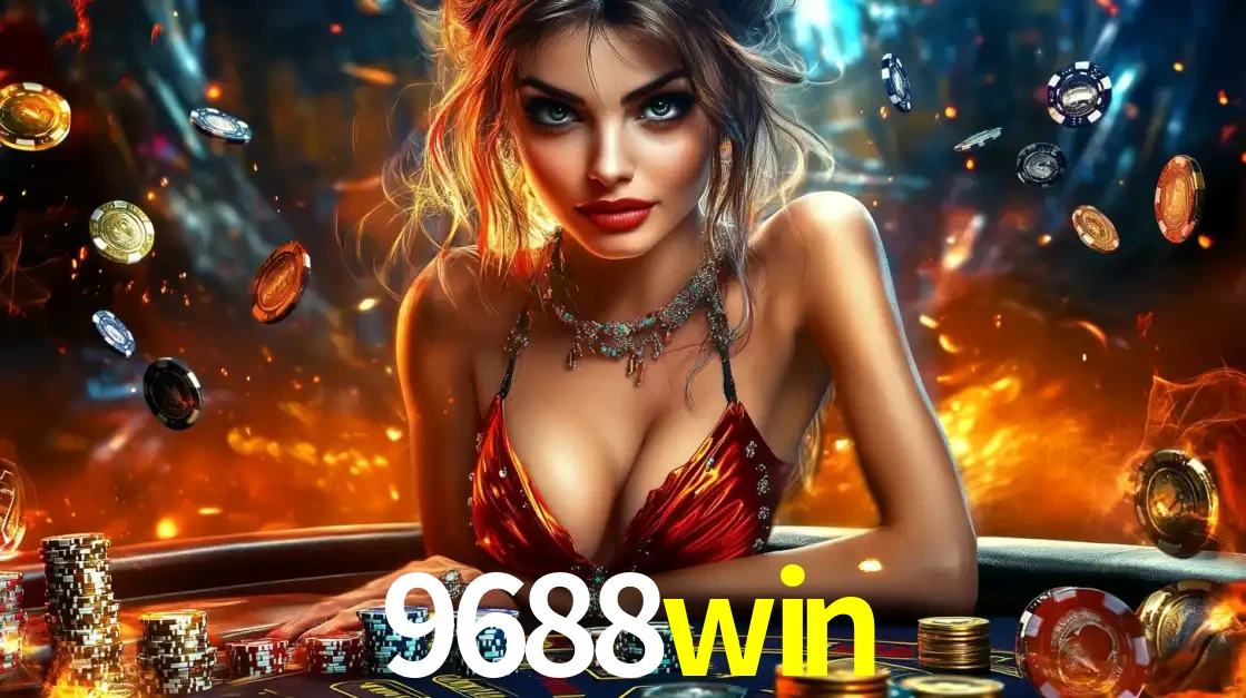 Mulher em uma mesa de cassino com pilhas de fichas e um fundo de fogo, pronta para uma rodada de altas apostas nos jogos de mesa emocionantes do cassino 9688win.