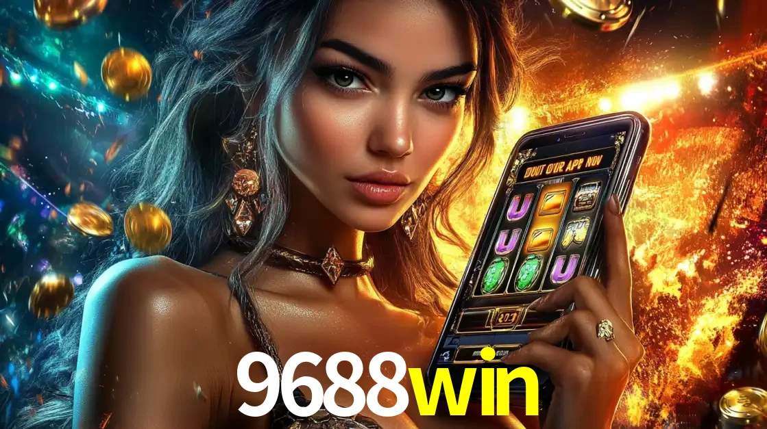 Mulher elegante mostrando um jogo de caça-níqueis em seu smartphone, destacando a experiência de cassino móvel oferecida pelo aplicativo 9688win.