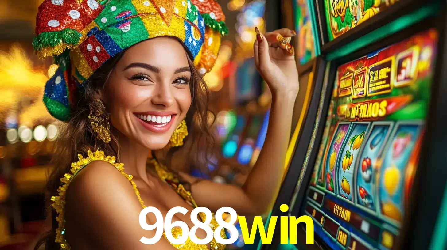 Mulher feliz com traje de carnaval amarelo e colorido ao lado de uma máquina de caça-níqueis, aproveitando a diversão e os jogos temáticos do cassino 9688win.