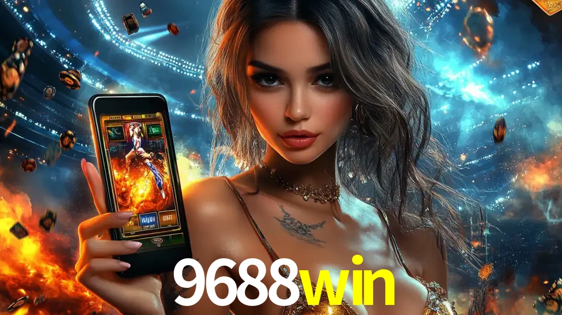 Mulher segurando um celular com um jogo de slot em destaque, tendo como fundo um estádio vibrante, simbolizando a emoção de jogar no cassino móvel 9688win.